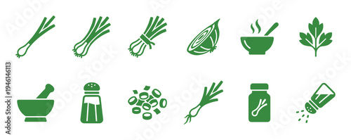 Green herb and spice vector icon set showing spring onion, parsley, salt shaker, and mortar and pestle in a simple, flat silhouette style for cooking and food design