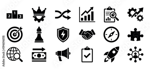 Collection of black business development icons representing concepts of strategy, growth, marketing, finance, and teamwork for corporate projects and startups