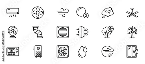 Set of black line icons for ventilation and air conditioning systems includes a fan, filter, duct, wind turbine, and thermostat for climate control concepts