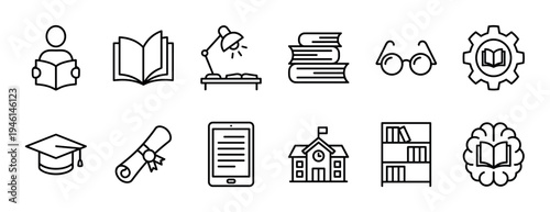 Set of black line art icons representing education and learning concepts, including a book, school, graduation cap, diploma, and bookshelf in a minimalist outline style