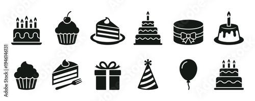 Set of black birthday celebration icons featuring cakes, cupcakes, a gift box, party hat, and balloon in a simple glyph style for festive designs