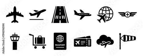 Set of black aviation and airport icons featuring various symbols for air travel, including an airplane, runway, passport, boarding pass, luggage cart, and air traffic control tower