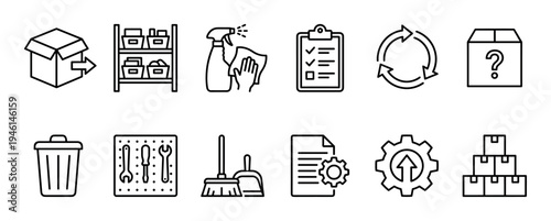 Set of twelve black outline icons for warehouse management, logistics, and cleaning services, featuring symbols for shipping, inventory, tools, recycling, and process improvement