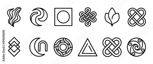 Collection of abstract spiritual and geometric symbols in a minimalist black outline style, featuring intricate knotwork, swirls, and various esoteric emblems