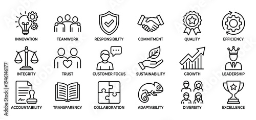 Set of black line icons representing core business values like innovation, teamwork, integrity, and quality, designed in a minimalist outline style for corporate communication