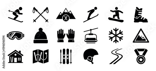 Collection of black winter sports icons showing skiing and snowboarding equipment and symbols like a skier, goggles, ski lift, mountains, and a snowflake in a simple glyph set