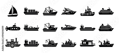 Set of black ship and boat icons featuring various watercraft like a sailboat, cargo ship, submarine, and cruise liner in a simple glyph style for maritime transportation concepts