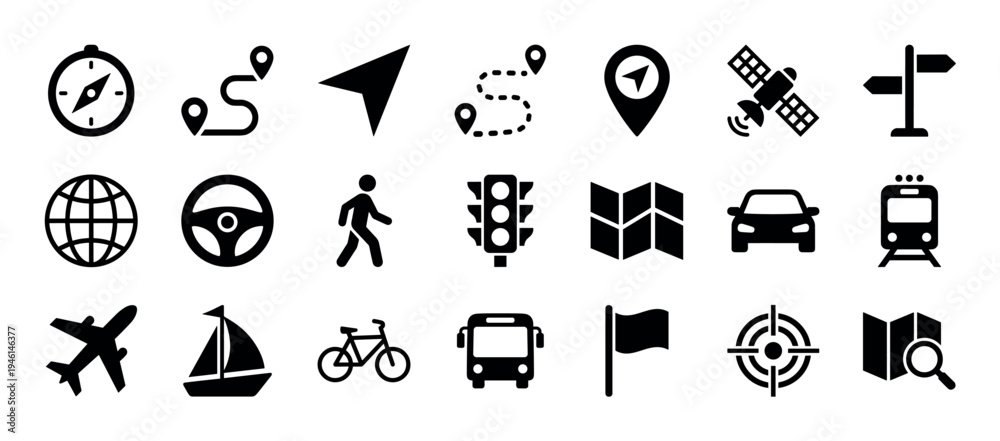 Fototapeta premium Set of black solid glyph icons for navigation, travel, and transportation, featuring a compass, map, route pin, car, bus, airplane, and other related symbols in a clean minimalist style