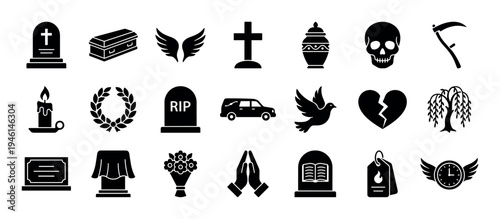 Funeral and death black glyph icons set including tombstone, coffin, cross, skull, and hearse, a collection of symbolic vector illustrations for mourning, ceremony, and burial