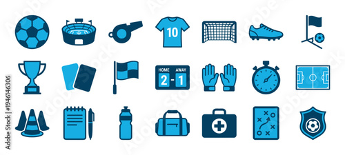 Set of blue and black soccer icons featuring a ball, stadium, trophy, jersey, and other sports equipment for a football match, presented in a clean, flat vector style