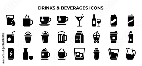 Large collection of black glyph icons representing various drinks and beverages like coffee, tea, juice, soda, alcohol, and water for graphic design and user interface elements