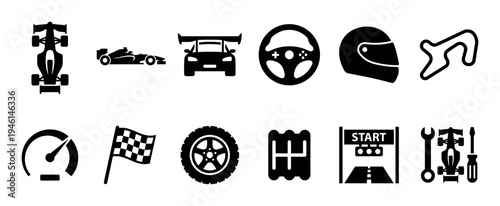 Collection of black car racing icons featuring a formula car, helmet, checkered flag, and track, representing motorsport competition and high speed in a simple graphic style