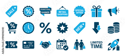 Collection of blue retail and shopping icons representing sales, promotions, and e-commerce concepts in a flat graphic style for marketing and advertising