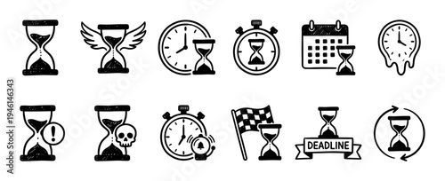 Set of hand-drawn doodle time icons featuring hourglasses, clocks, and calendars representing deadlines, urgency, and time management in a simple sketch style