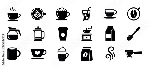 Collection of eighteen black coffee symbols representing different cafe beverages, brewing methods, and coffee shop elements in a clean, simple vector graphic style