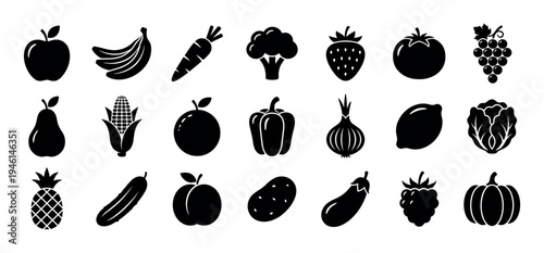 Collection of twenty black silhouette fruit and vegetable icons, featuring common produce in a simple, flat, and minimalist graphic style, presented with clear, crisp details