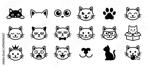 Set of black and white cat icons shows various cute feline emotions and symbols like a paw print, silhouette, and a kitten in a box in a simple minimalist graphic style