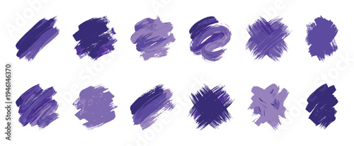 Collection of purple and violet brush strokes with a textured, artistic grunge style, showcasing various paint daubs, smears, and swatches for creative graphic design elements