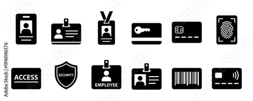 Set of black security and identification icons including ID cards, keycards, fingerprint scanner, and employee badges for access control systems, presented in a clean, minimalist glyph style