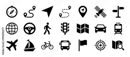 Set of black solid glyph icons for navigation, travel, and transportation, featuring a compass, map, route pin, car, bus, airplane, and other related symbols in a clean minimalist style