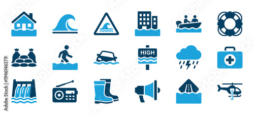Set of blue flood disaster icons showing a submerged house, rescue boat, helicopter, and safety equipment for emergency preparedness and natural catastrophe awareness
