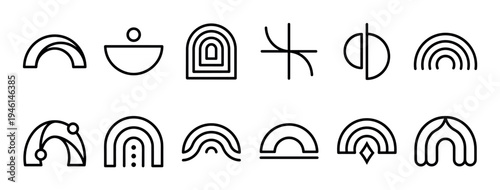 Set of twelve abstract geometric symbols in a minimalist black line art style, featuring various arched, rainbow, and linear shapes for modern graphic design concepts
