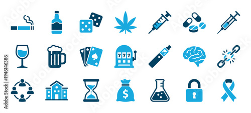 Set of blue addiction and vice icons representing smoking, alcohol, gambling, drugs, and treatment concepts in a flat vector style