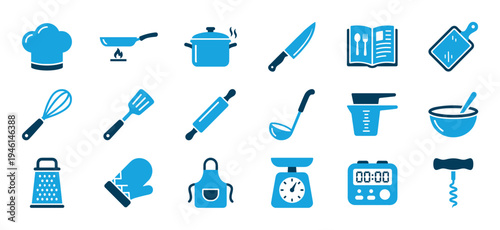 Collection of blue cooking icons featuring a chef hat, pot, knife, whisk, apron, and other kitchen utensils for culinary and food preparation concepts in a flat vector style