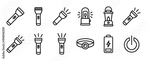 Set of black outline icons showing various lighting devices like flashlights, lanterns, and a headlamp, plus related symbols for battery charging and power on/off buttons