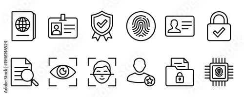Black line art icon set representing digital identity, security, and verification with symbols like passport, fingerprint, face scan, and secure data access