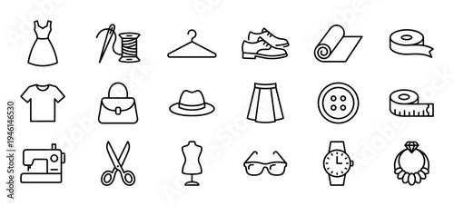 Collection of minimalist outline icons for fashion and tailoring, featuring a dress, sewing machine, scissors, handbag, shoes, watch, and other clothing accessories