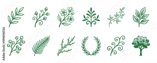 Green hand-drawn botanical elements set featuring various leaves, flowers, berries, a fern, a thorny branch, a tree, and a laurel wreath in a rustic doodle art style