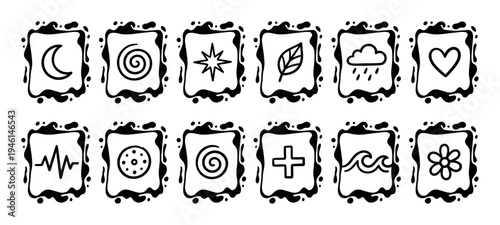 Set of hand-drawn black doodle icons featuring various symbols like a moon, star, heart, and flower, rendered in a simple sketchy style with unique ink splash square frames