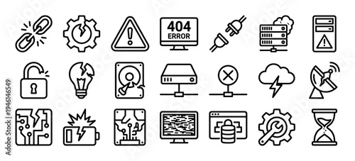 Collection of black line art icons representing system errors, technical failures, and broken connections, including a 404 message, cracked gear, and damaged hardware symbols