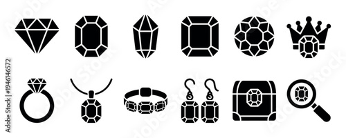 Set of black jewelry and gemstone icons in a minimalist glyph style, featuring a diamond, ring, necklace, earrings, bracelet, crown, and a magnifying glass for appraisal