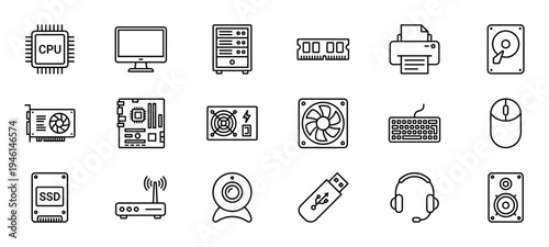 Set of computer hardware and peripheral icons in a minimalist line art style, featuring components like CPU, motherboard, RAM, and devices like a keyboard, mouse, and monitor