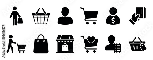 Black silhouette icons for shopping and retail, a collection of minimalist pictograms including a cart, basket, bag, customer, store, and payment symbols for web and mobile apps