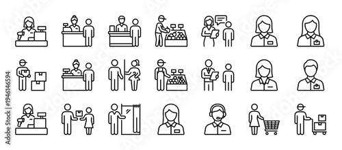 Collection of black line art icons representing retail, shopping, and customer service, including a cashier, sales assistant, delivery person, and shoppers in a supermarket