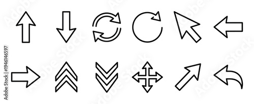 Collection of black line art arrow icons showing various directions for user interface design, including up, down, left, right, refresh, and a mouse cursor pointer symbol