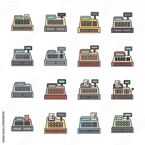 Set of Sixteen Muted Color Cash Register Icons for Retail Point of Sale and Financial Transaction Graphics