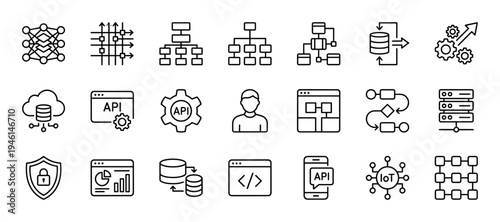 Set of thin line technology vector icons representing API, database, cloud computing, neural network, and software development concepts in a minimalist outline style