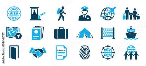Collection of blue vector icons representing immigration, asylum, and refugee concepts like border control, visa documents, security, and international travel