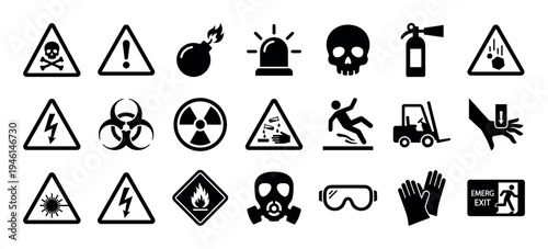 Large collection of black safety and hazard warning icons for industrial and workplace environments, including symbols for toxic, radioactive, biohazard, and flammable materials