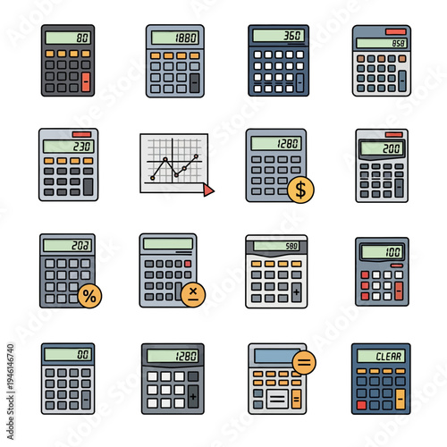 Set of various calculator icons and financial graph representing mathematics, accounting, business data, and fiscal calculation concepts.