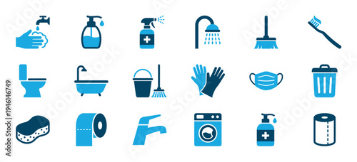 Large set of blue hygiene and cleaning icons including a toilet, soap dispenser, face mask, gloves, and washing machine for personal care and sanitation