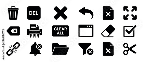 Comprehensive collection of black user interface icons representing various digital actions like delete, undo, print, clear, filter, and edit, presented in a clean, modern,  glyph style