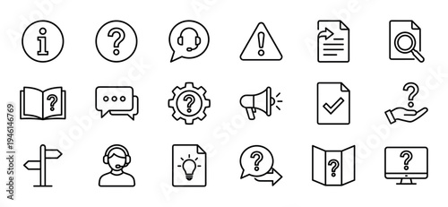 Collection of minimalist black outline icons for a help and support interface, featuring symbols for information, questions, communication, and technical assistance
