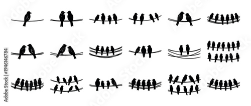 Collection of black bird silhouettes sitting on wires in various group formations, a hand-drawn graphic illustration set with a minimalist and simple artistic style