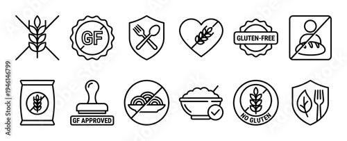 Collection of black outline gluten-free icons showing various symbols for celiac disease awareness, healthy diet food packaging, and allergen information stamps and labels