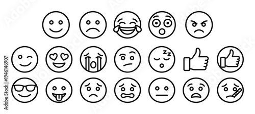 Large set of black outline emoji icons showing various emotions like happy, sad, angry, and laughing in a simple minimalist line art style for digital communication and feedback